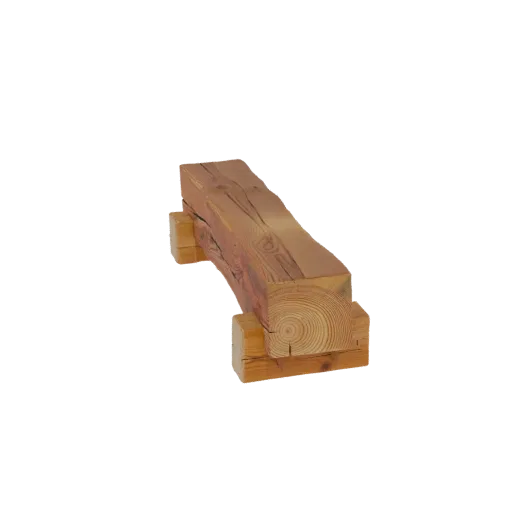 A 3D model of a rustic wooden beam with visible wood grain and texture, resting on two smaller wooden blocks.