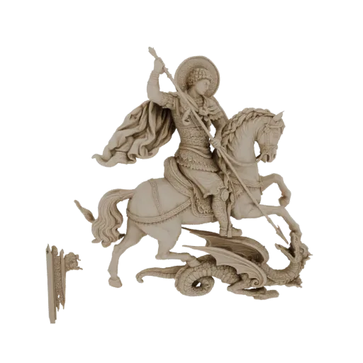 3D model of St. George on horseback spearing a dragon, presented as a bas-relief wall decor.