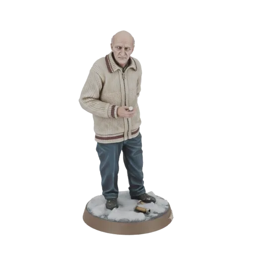 3D model of an elderly man in a knitted winter coat, standing on a snowy base with scattered shells, looking contemplative.