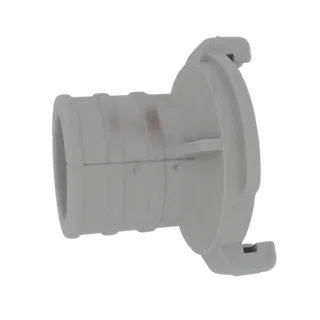 Modelo 3D de un conector de manguera de plástico gris con extremos acanalados y dos pestañas de bloqueo prominentes en el otr