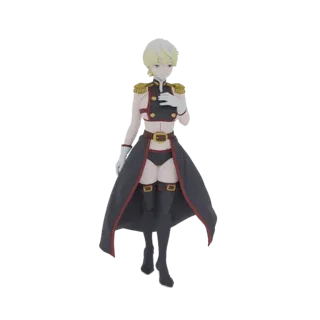 3D model of an anime-style female military officer in a dark uniform with a skirt and thigh-high boots, standing confidently.