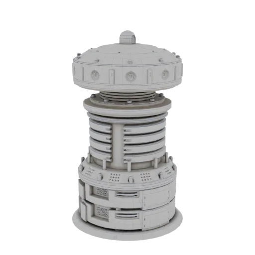 Rendering wireframe di una dettagliata unità generatore sci-fi con corpo cilindrico e parte superiore a cupola.