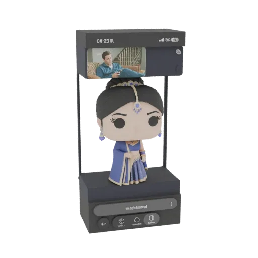 3D model of a stylized Indian woman Funko Pop figure with a miniature screen showing a video call.