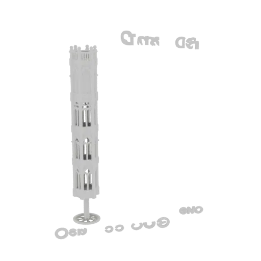 A white 3D model of a tall, slender Gothic tower with arched windows and decorative elements, set against a white background.