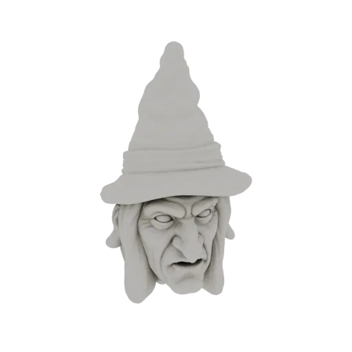 3D model render of a wicked witch's head with a pointed hat and a menacing expression, presented on a white background.