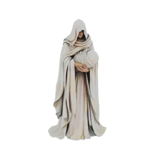 Modelo 3D de uma figura encapuzada, provavelmente uma mãe, segurando um bebê envolto com cuidado gentil, renderizado em um to
