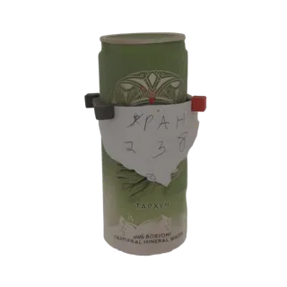 3D model of a green Bob-Jonni mineral water can with a torn handwritten note attached to the front.