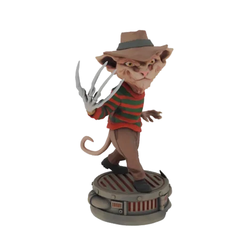 Modèle 3D d'un chat déguisé en Freddy Krueger, portant un pull rayé, un fedora et un gant à griffes, debout sur une base indu