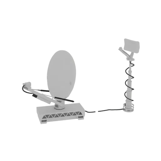 A 3D render of a satellite dish on a base and a separate telescopic antenna, both in a neutral gray finish, connected by a ca