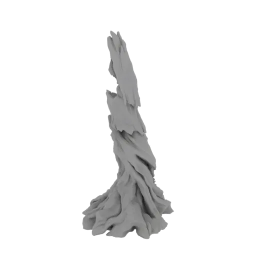 A grey 3D model of a tall, twisted rock spire with a rough, weathered texture and a flared, root-like base.