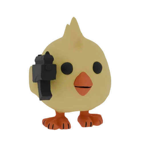 3D model of a cute yellow chick character holding a black handgun, with orange beak and feet.
