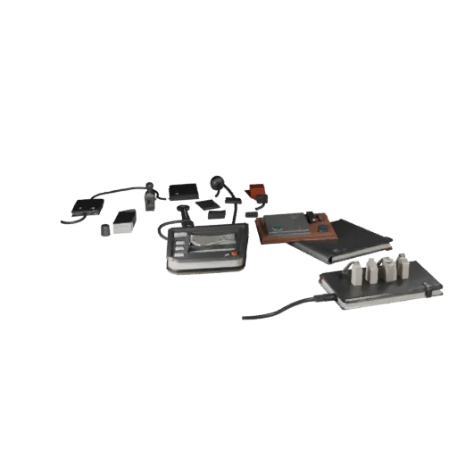 Startup Notebook Low Poly 3D model, game viewport three-quarter view, showing plastic, desk-scale silhouettes.