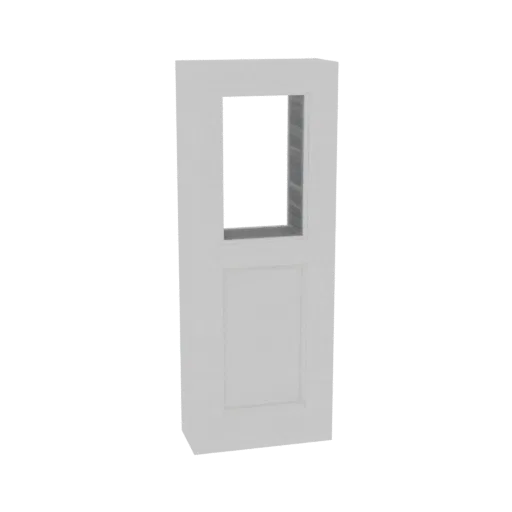 3D render of a modern white door with a rectangular window, presented on a white background.