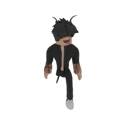 3D model of a Roblox avatar with spiky black hair, sticking its tongue out, wearing a black and gold outfit.