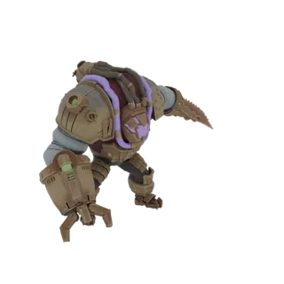3D model of the Arcane Chem Berserker, a large, armored character with a claw hand and purple tubing, viewed from the back.