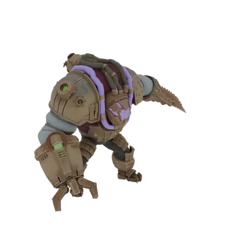 Modelo 3D do Berserker Químico Arcano, um personagem grande e blindado com mão de garra e tubos roxos, visto por trás.