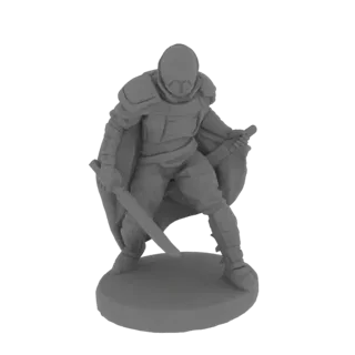 Render del modello 3D di un guerriero cyberpunk in posa dinamica, con katana e mantello, su una base circolare.