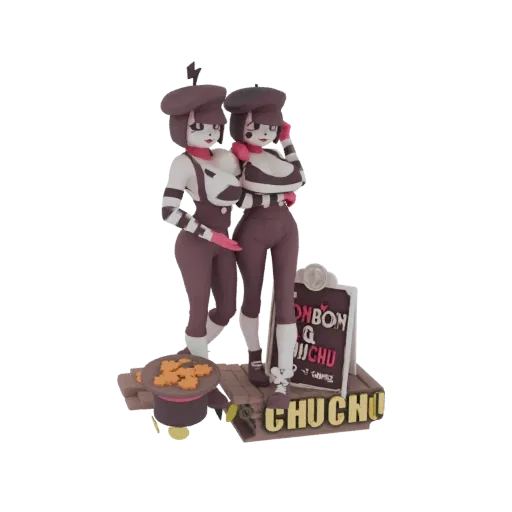 3D model of two mime characters, a male and a female, standing beside a pastry stand with a top hat full of cookies.
