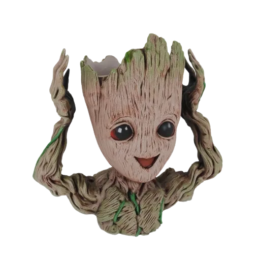 3D model of Baby Groot from Guardians of the Galaxy as a planter pot, with his hands raised and a cheerful expression.