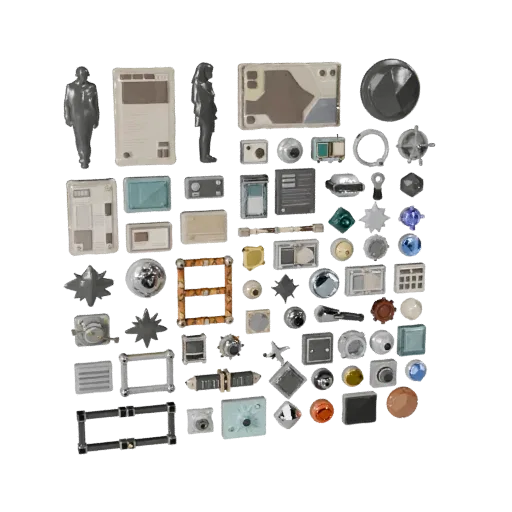 Urban Street Clutter Low Poly 3D model, game viewport three-quarter view, showing paper-like cards, form detail.