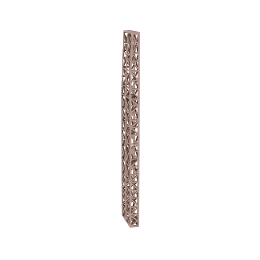 Rendering 3D di una torre alta e snella con un complesso motivo a griglia geometrica, presentato su sfondo bianco.