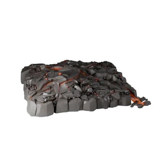 Lava Stream Terrain Low Poly 3D model, game viewport three-quarter view, showing wet stone, lava channels.