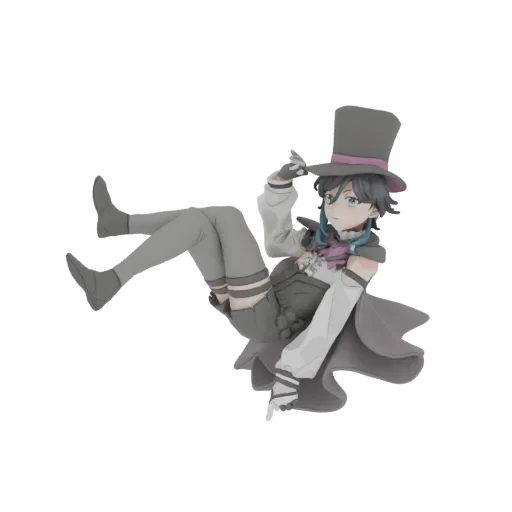 Modelo 3D de personagem elegante com cartola e capa, em pose dinâmica.