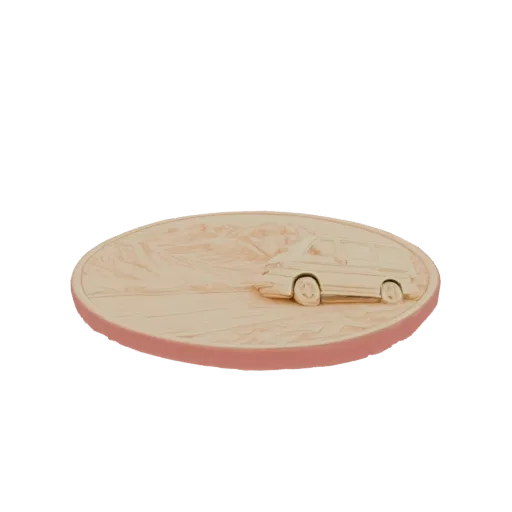 3D model render of a vintage van driving on a scenic oval plaque with a textured road and background.