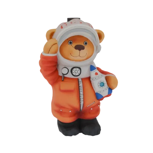 3D model of a cute teddy bear wearing an orange astronaut suit and helmet, saluting and holding a small rocket.