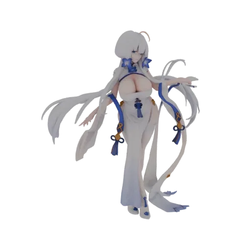 3D model of an elegant female figure in a flowing white kimono with blue accents and long white hair, posed gracefully.