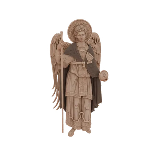 Modello 3D dell'Arcangelo Gabriele con aureola, che tiene una sfera celeste in una mano e un bastone nell'altra, con ali e ve