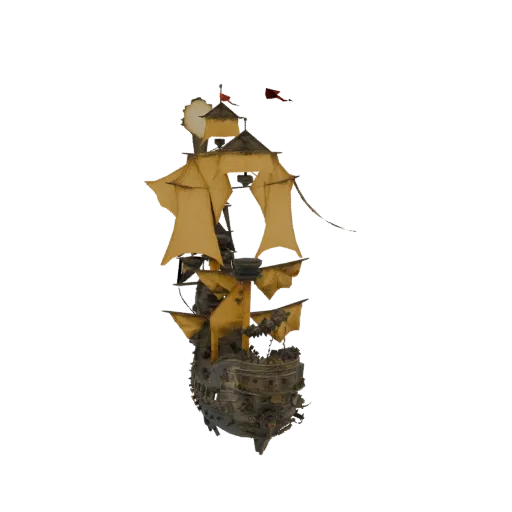 3D model of a detailed galleon ship with yellow sails and intricate rigging, set against a black background.