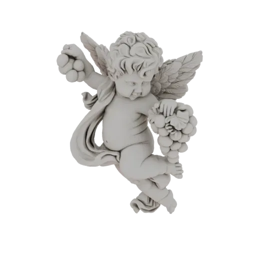 3D model render of a classical cherub sculpture holding a bunch of grapes, with delicate wings and curly hair.