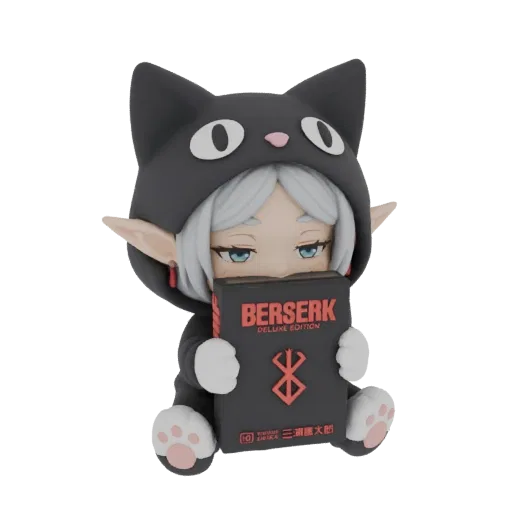 3D model of a chibi elf girl wearing a black cat hoodie, sitting and reading a Berserk Deluxe Edition book.