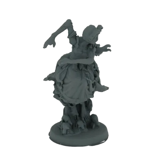 3D model render of a creepy doll with a tattered dress, posed eerily on a base with roots and mushrooms.