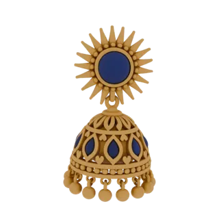 Modello 3D di orecchino Jhumka dorato con pietra blu in alto e perline pendenti in basso.
