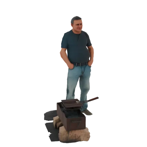 3D model of a man in a blue t-shirt and jeans standing with hands in pockets next to a barbecue grill on stone supports.