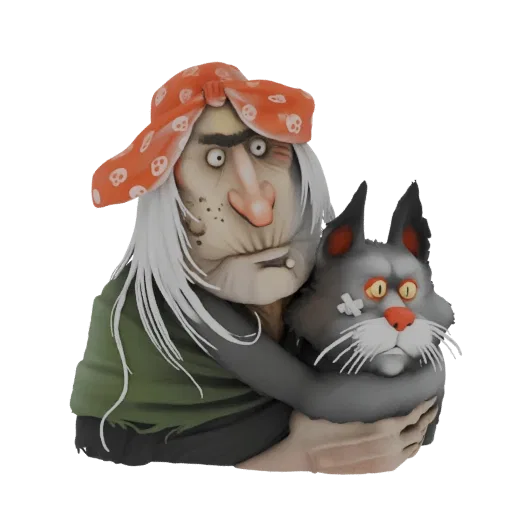 3D model of a grumpy witch wearing an orange bandana, holding a grey cat with a band-aid on its cheek.