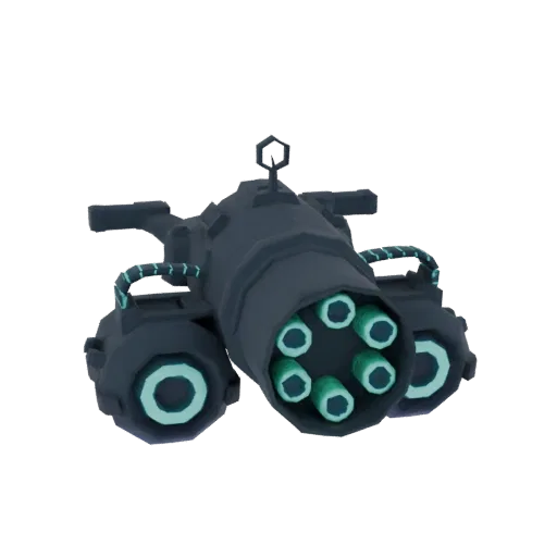 3D model of a futuristic gatling gun with multiple barrels and cyan glowing muzzles, set against a white background.
