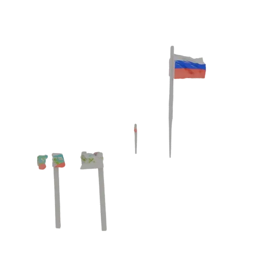 3D model render of a waving Russian flag next to two small, distinct miniature signs.