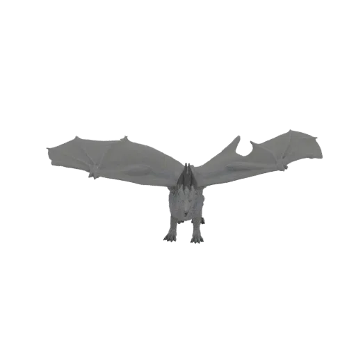 A detailed 3D model of a white dragon with its large, translucent wings spread wide against a black background.