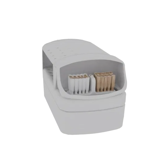 A 3D render of a modern white toothbrush holder with two compartments, showcasing its clean lines and minimalist design.