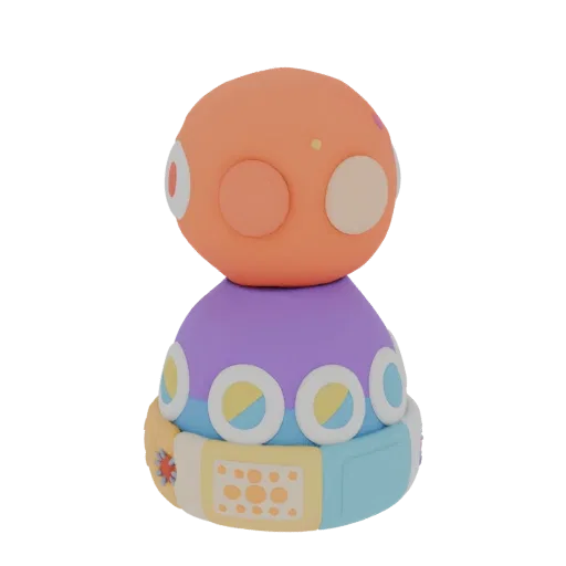 3D model of a round board game token with an orange head and a multicolored patterned base