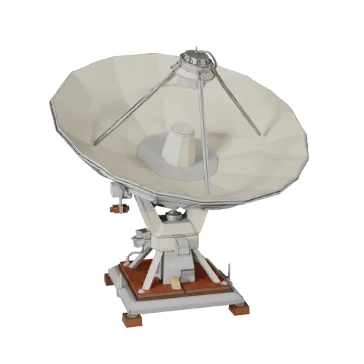 Observatory Radio Dish Low Poly 3D model, game viewport three-quarter view, showing metal tubes, optical alignment.
