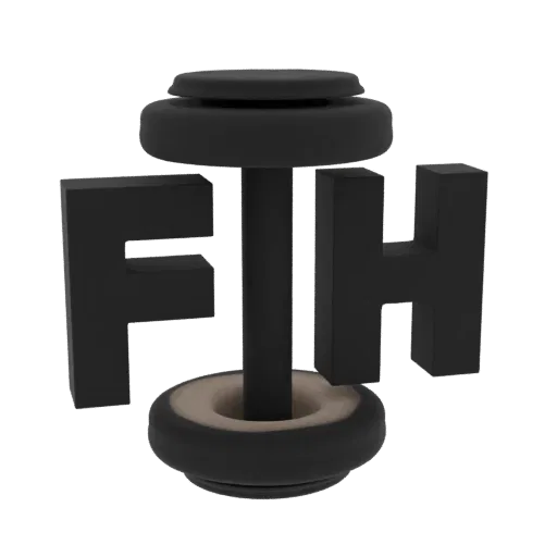 Rendu 3D du logo FTH stylisé avec des lettres noires audacieuses disposées autour d'un support noir central avec des bases su
