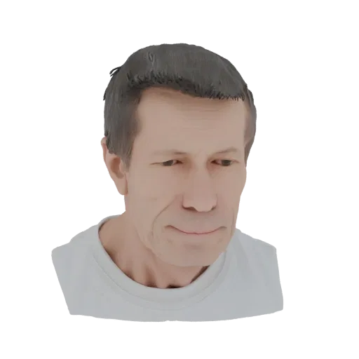 Render modello 3D di busto testa e spalle d'uomo, con capelli grigi corti e indosso una maglietta bianca.