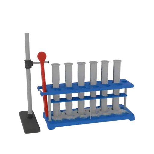 Biology Test Tube Rack Realistic 3D model, three-quarter studio render, showing glass, recognizable lab forms.