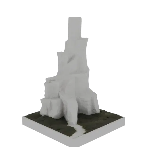3D model of a rocky mountain diorama with a winding path and textured ground, presented on a white base.