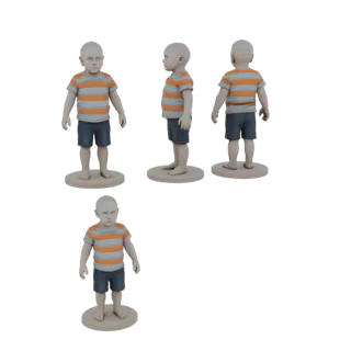 3D model of a young boy wearing a striped t-shirt and blue shorts, shown from multiple angles on a white background.