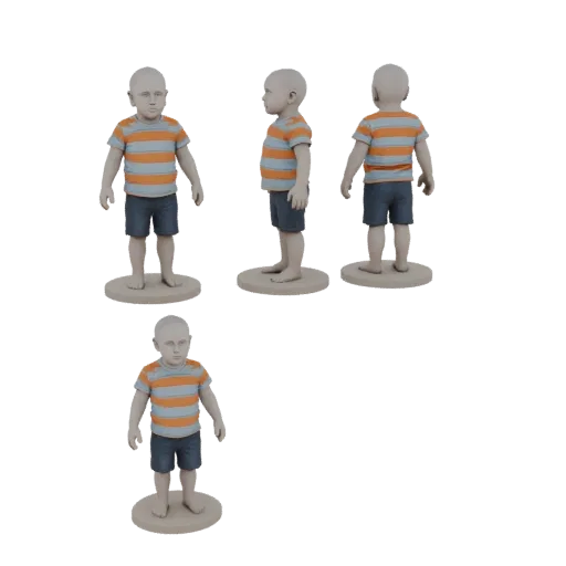 3D-Modell eines Jungen mit gestreiftem T-Shirt und blauen Shorts, aus verschiedenen Blickwinkeln auf weißem Hintergrund gezei